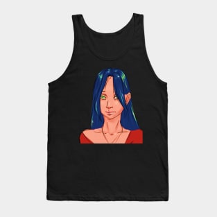 Blue Hair Glowing Green Eyes Eerie Looking Girl With Piercing Halloween Design Tank Top